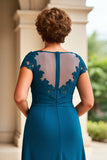 Ink Blue Sheath Ruffle Cap Sleeves Long Mother of the Bride Dress with Lace