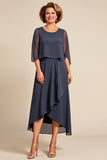 Steel Grey Sheath Scoop Ruffle Chiffon Tea Length Mother of the Bride Dress