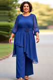 Royal Blue 2-Pieces Chiffon Plus Size Mother Of The Bride Pantsuits with 3/4 Sleeves
