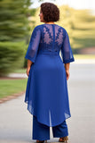 Royal Blue 2-Pieces Chiffon Plus Size Mother Of The Bride Pantsuits with 3/4 Sleeves