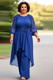 Royal Blue 2-Pieces Chiffon Plus Size Mother Of The Bride Pantsuits with 3/4 Sleeves