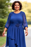 Royal Blue 2-Pieces Chiffon Plus Size Mother Of The Bride Pantsuits with 3/4 Sleeves