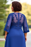 Royal Blue 2-Pieces Chiffon Plus Size Mother Of The Bride Pantsuits with 3/4 Sleeves