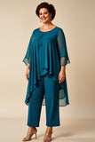 Chiffon Peacock Round Neck Plus Size Mother Of Bride Pantsuits