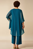 Chiffon Peacock Round Neck Plus Size Mother Of Bride Pantsuits