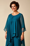 Chiffon Peacock Round Neck Plus Size Mother Of Bride Pantsuits