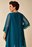 Chiffon Peacock Round Neck Plus Size Mother Of Bride Pantsuits