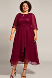 Burgundy Chiffon A Line Plus Size Mother Of Bride Dress with 3/4 Sleeves