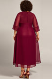 Burgundy Chiffon A Line Plus Size Mother Of Bride Dress with 3/4 Sleeves