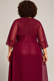 Burgundy Chiffon A Line Plus Size Mother Of Bride Dress with 3/4 Sleeves