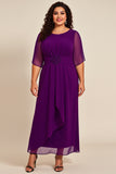 Plus Size Purple Chiifon Round Neck Long Mother Of The Bride Dress with Half Sleeves