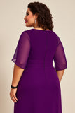 Plus Size Purple Chiifon Round Neck Long Mother Of The Bride Dress with Half Sleeves