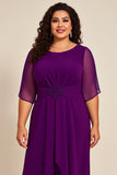 Plus Size Purple Chiifon Round Neck Long Mother Of The Bride Dress with Half Sleeves