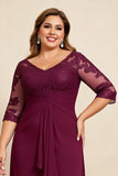 Burgundy V-Neck Chiffon Lace Ruffles Plus Size Mother of the Bride Dress