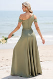 Olive A Line Cold Shoulder Pleated Long Bridesmaid Dress