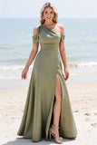 Olive A Line Cold Shoulder Pleated Long Bridesmaid Dress