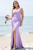 Lilac Mermaid Spaghetti Straps Ruched Long Bridesmaid Dress