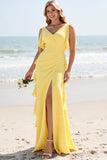 Sheath Daffodil Spaghetti Straps Chiffon Long Bridesmaid Dress