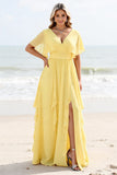 Daffodil A Line Short Sleeves Pleated Long Bridesmaid Dress