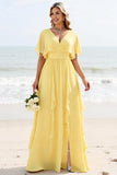 Daffodil A Line Short Sleeves Pleated Long Bridesmaid Dress