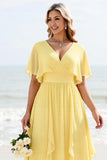 Daffodil A Line Short Sleeves Pleated Long Bridesmaid Dress