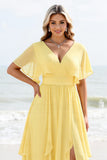 Daffodil A Line Short Sleeves Pleated Long Bridesmaid Dress