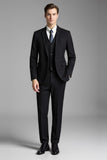 Slim Fit Plaid Notched Lapel 3 Piece Black Men's Suits