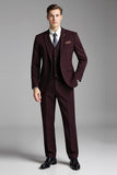 Burgundy 3 Piece Plaid Notched Lapel Slim Fit Men's Suits