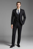 Solid Black Slim Fit Notched Lapel 3 Piece Men's Suits