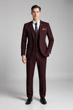 Plaid Notched Lapel 3 Piece Burgundy Men's Suits