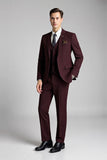 Plaid Notched Lapel 3 Piece Burgundy Men's Suits