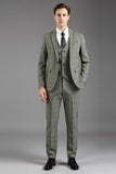 Grey Green Notched lapel 3-Piece Single Breasted Slim Fit Men's Formal Suits