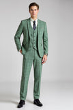 Grey Green Plaid 3 Pieces Notched Lapel Men's Suits