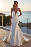 Mermaid lvory Spaghetti Straps Satin Long Wedding Dress
