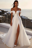 lvory A Line Off The Shoulder Long Wedding Dress with Slit