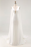 Ivory Mermaid V Neck Satin Long Wedding Dress with Watteau Train