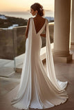 Ivory Mermaid V Neck Satin Long Wedding Dress with Watteau Train