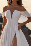A Line lvory Off The Shoulder Long Wedding Dress with Slit