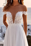 A Line lvory Off The Shoulder Pleated Long Wedding Dress