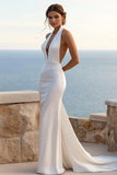 Mermaid Halter lvory Satin Long Wedding Dress