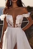 lvory A Line Off The Shoulder Long Wedding Dress with Slit