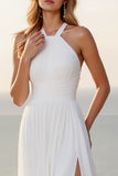 Halter A Line Stretch Satin Ruched Wedding Dress With Slit