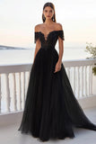 Black Off The Shoulder Lace A Line Tulle Wedding Dress