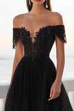 Black Off The Shoulder Lace A Line Tulle Wedding Dress