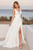 Chiffon V Neck A Line Ivory Wedding Dress with Slit