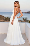 Chiffon V Neck A Line Ivory Wedding Dress with Slit