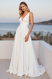 Chiffon V Neck A Line Ivory Wedding Dress with Slit