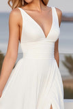 Chiffon V Neck A Line Ivory Wedding Dress with Slit