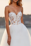 Lace Strapless A Line Tulle Ivory Wedding Dress