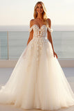 Off The Shoulder Lace Tulle Ivory A Line Wedding Dress